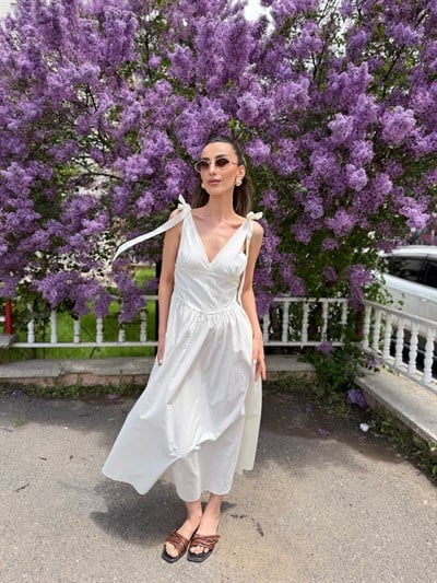 Bağcıklı Pamuklu Midi Elbise 