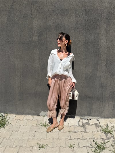 Bej Dantel  Detaylı  Şalvar Pantolon