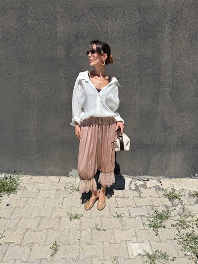 Bej Dantel  Detaylı  Şalvar Pantolon