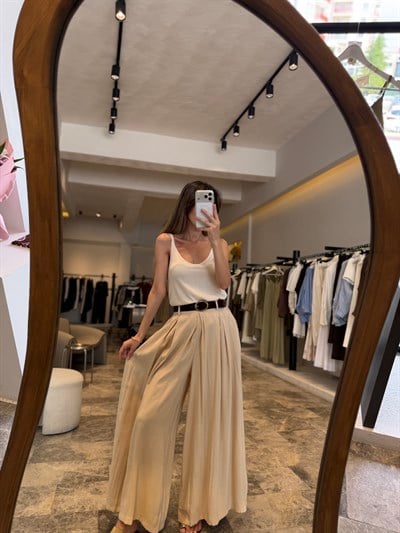 Bej Kemerli Etek Pantolon