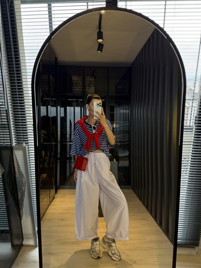 Beyaz Beli Lastikli Poplin Pantolon