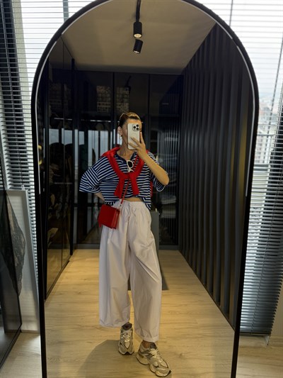Beyaz Beli Lastikli Poplin Pantolon