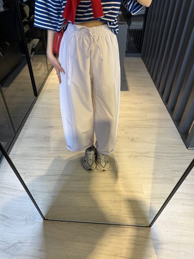 Beyaz Beli Lastikli Poplin Pantolon