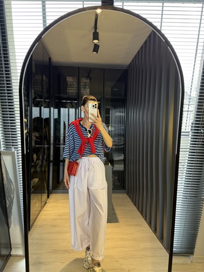 Beyaz Beli Lastikli Poplin Pantolon