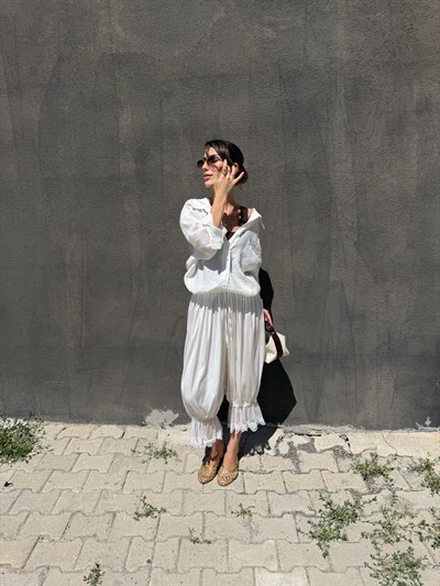 Beyaz Dantel  Detaylı  Şalvar Pantolon