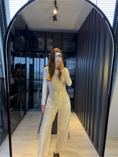 Beyaz Gabardin Barrel Pantolon