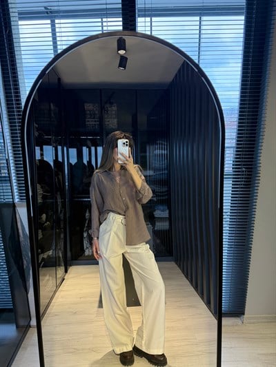 Ekru Kemerli Pantolon 