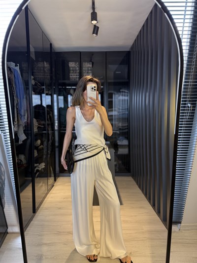 Ekru Saten Beli Lastikli Pantolon