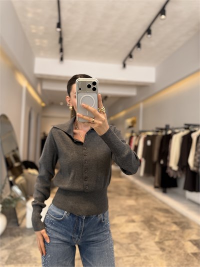 Füme Polo Yaka Yünlü Düğmeli hırka
