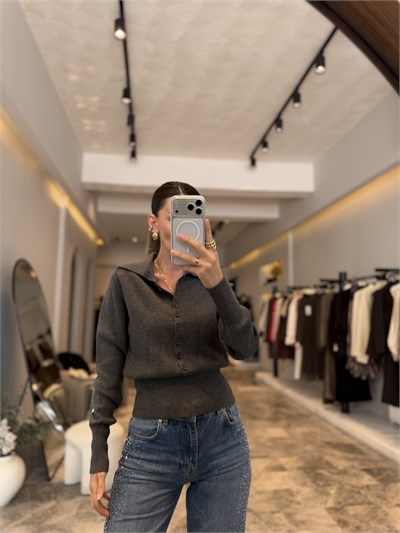 Füme Polo Yaka Yünlü Düğmeli hırka