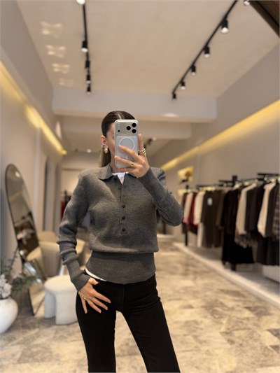 Gri Polo Yaka Vatkalı Triko Kazak