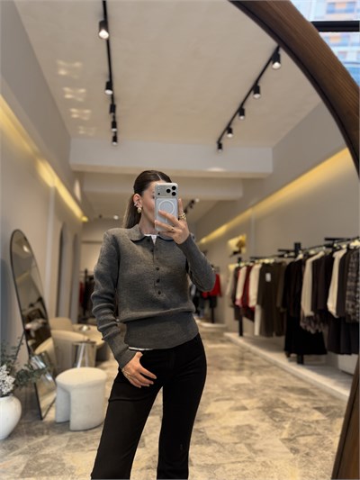 Gri Polo Yaka Vatkalı Triko Kazak