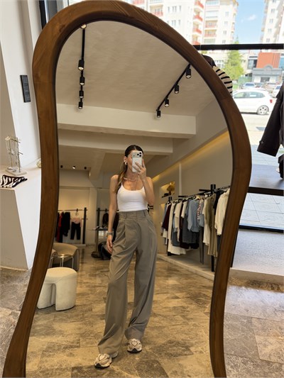 Gri Yüksek Bel Dökümlü  Pantolon
