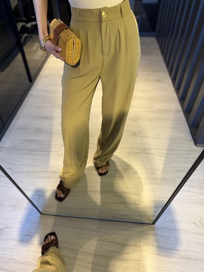 Haki Pileli Beli Lastikli Palazzo Pantolon