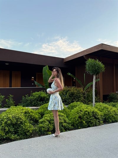 Halter Yaka Desenli Mini Elbise 