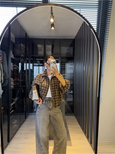 Kahve Ekose İnce Bomber Ceket