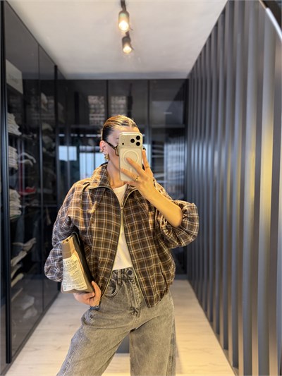 Kahve Ekose İnce Bomber Ceket