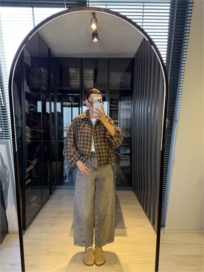 Kahve Ekose İnce Bomber Ceket