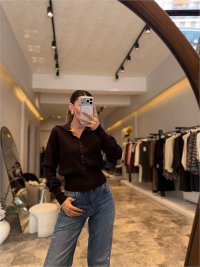Kahve Polo Yaka Yünlü Düğmeli Hırka