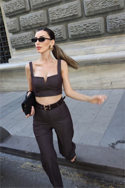 Kahverengi Denim Büstiyer Pantolon Takım