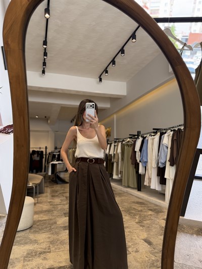 Kahverengi Kemerli Etek Pantolon