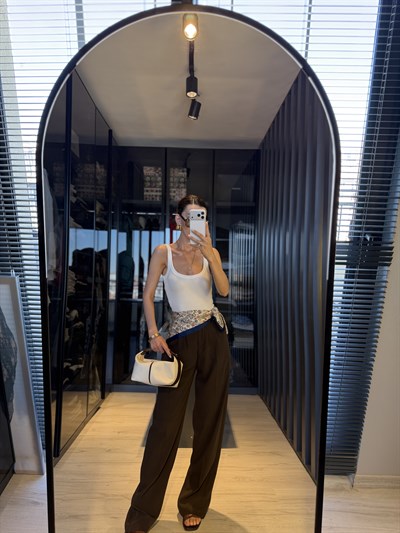 Kahverengi Pileli Beli Lastikli Palazzo Pantolon