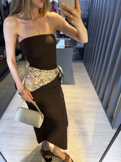 Kahverengi Straplez Midi Elbise