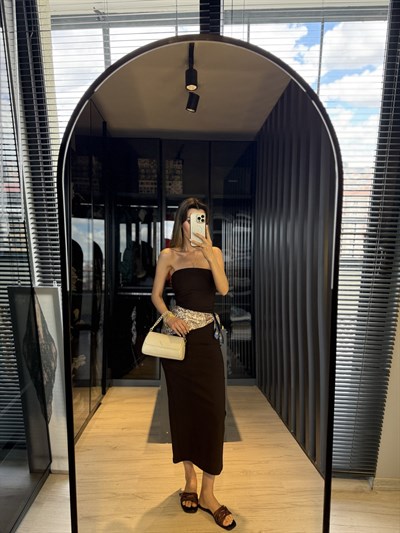 Kahverengi Straplez Midi Elbise