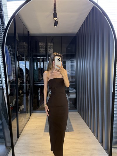 Kahverengi Straplez Midi Elbise