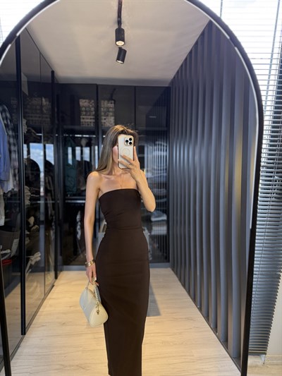 Kahverengi Straplez Midi Elbise