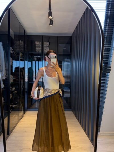 Kahverengi Tensel Büzgülü etek 