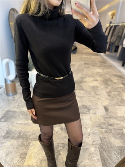 Kaşmir karışımlı kemerli balıkçı yaka kazak