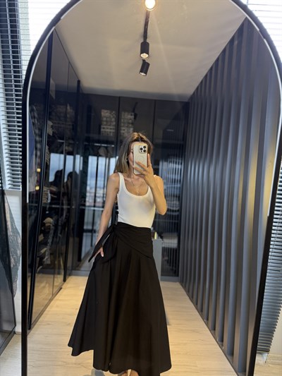 Kuşak detay poplin etek