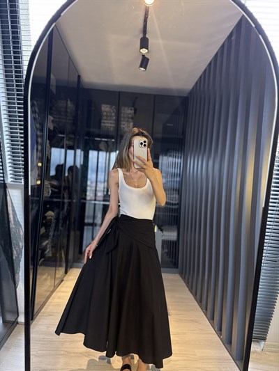 Kuşak detay poplin etek