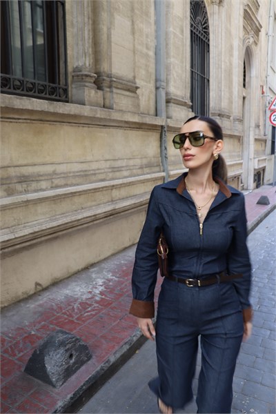 Lacivert Denim  Western Fermuarlı Gömlek Pantolon Takım