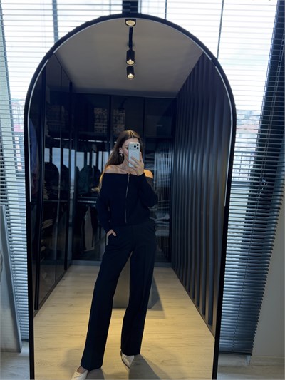 Lacivert Double Paça Kumaş Palazzo Pantolon