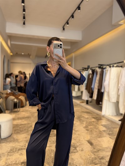 Lacivert Oversize Saten Gömlek Pantolon Takım 