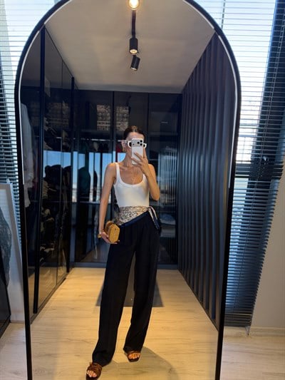 Lacivert Pileli Beli Lastikli Palazzo Pantolon