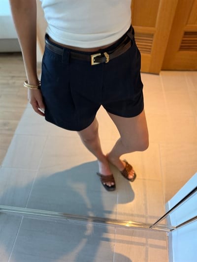 Lacivert Pileli Mini Şort 