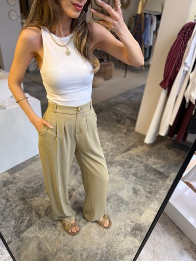 Pileli beli lastikli Palazzo pantolon