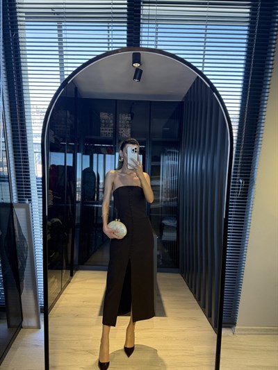 Premium straplez düğme detay elbise
