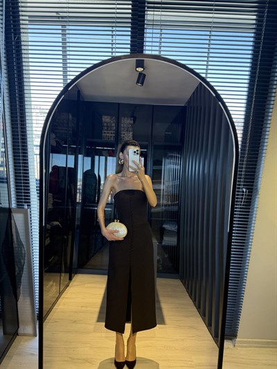 Premium straplez düğme detay elbise