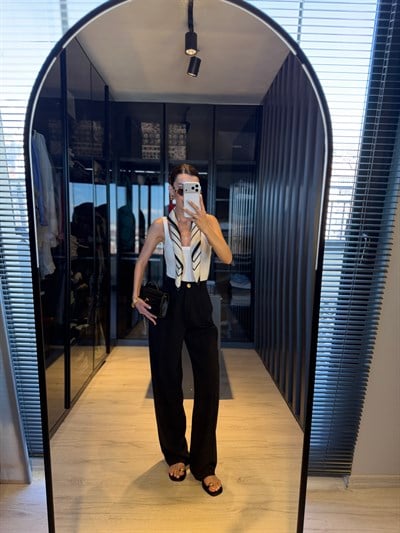 Siyah Pileli Beli Lastikli Palazzo Pantolon