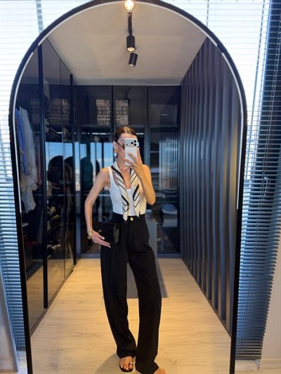 Siyah Pileli Beli Lastikli Palazzo Pantolon