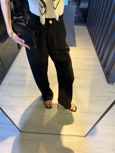 Siyah Pileli Beli Lastikli Palazzo Pantolon