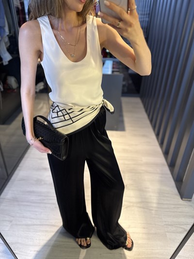 Siyah Saten Beli Lastikli Pantolon