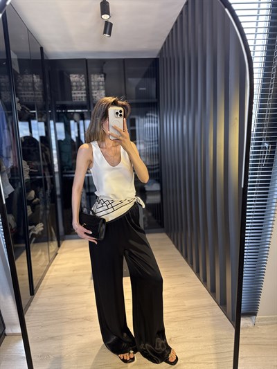 Siyah Saten Beli Lastikli Pantolon