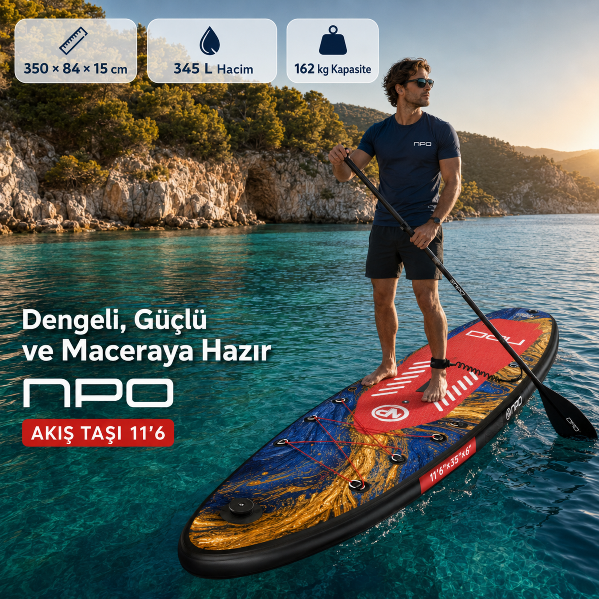 NPO Flow Stone 350x84x15cm Şişme Premium SUP Paddle Board 162kg