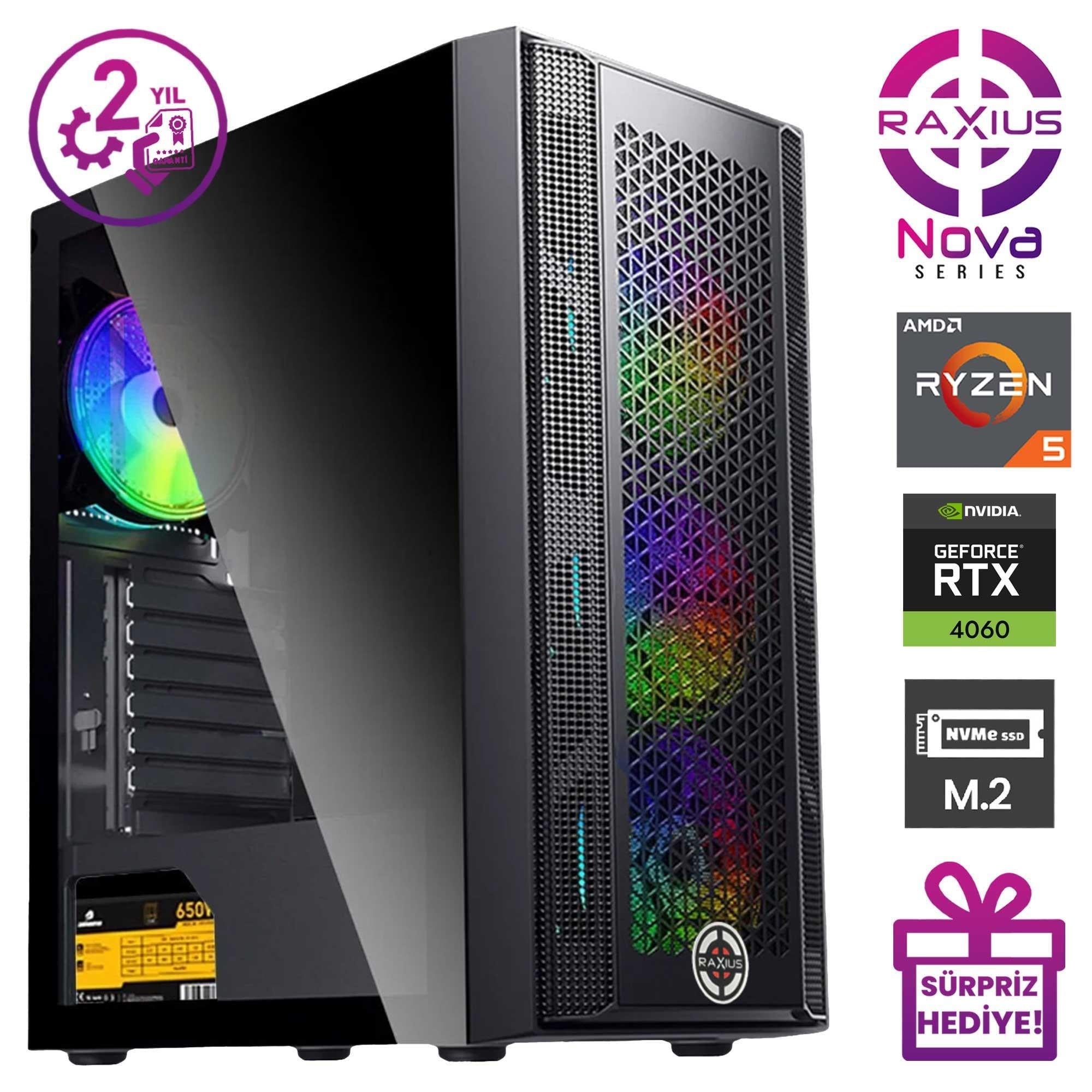 RaXius Nova G1 R5 4060-56G Gaming Masaüstü Bilgisayarın güçlü donanım bileşenlerini gösteren görsel