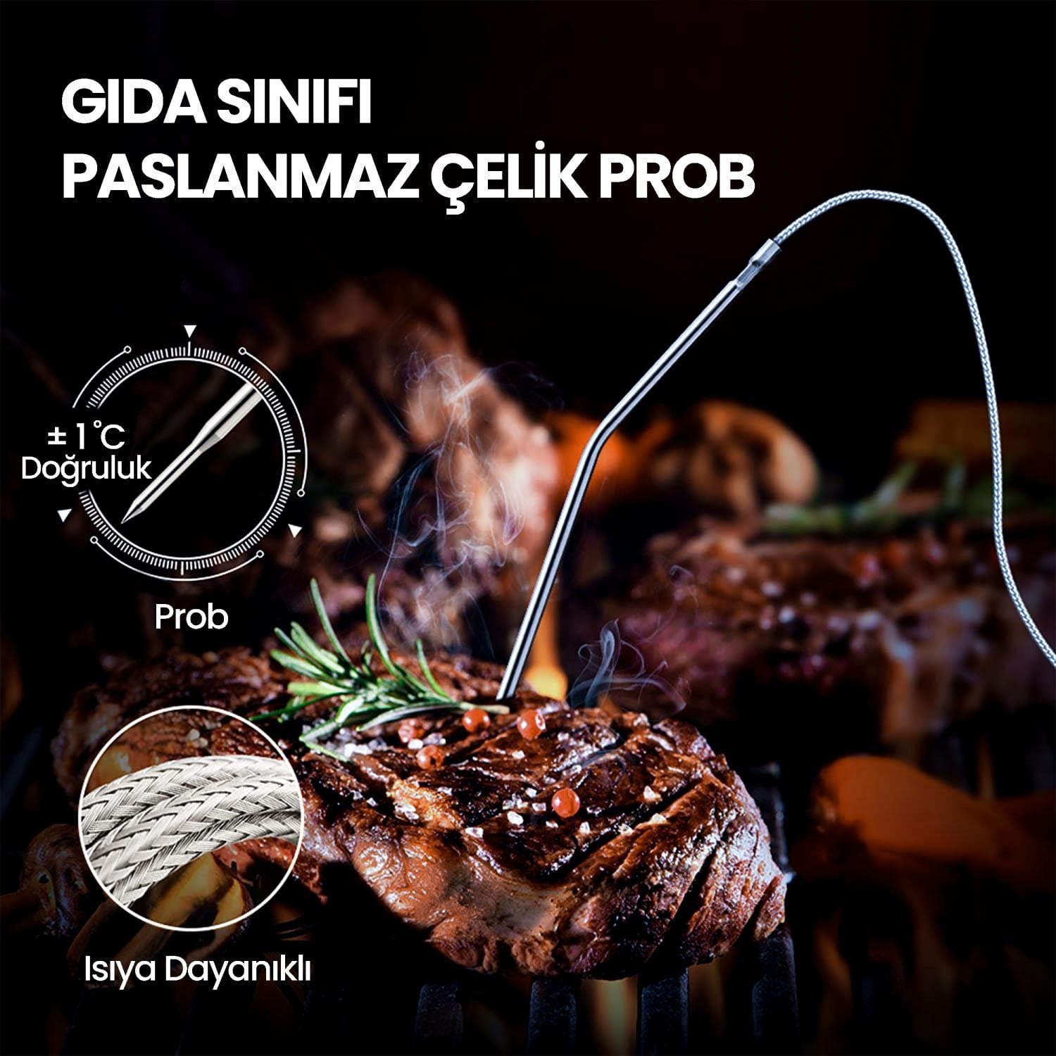 ThermoPro TP06B gıda sınıfı paslanmaz çelik probun hassasiyetini gösteriyor